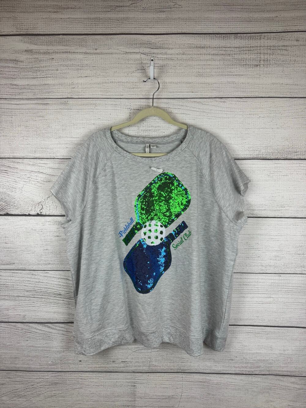 Cato Plus Size Gray Pickleball Sequin Graphic Cut Off Top Size 26/28W